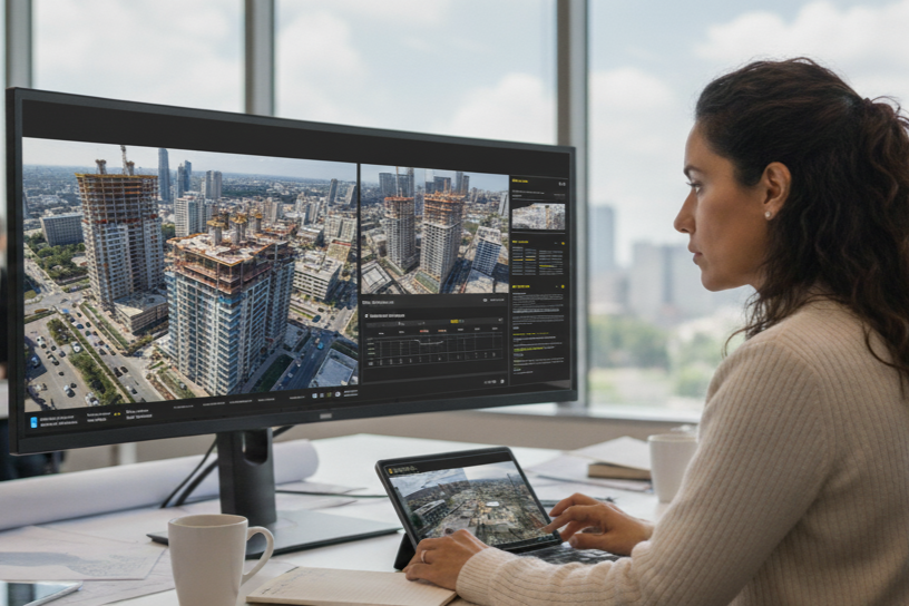 Mujer monitoreando un proyecto de construccion desde un software de control